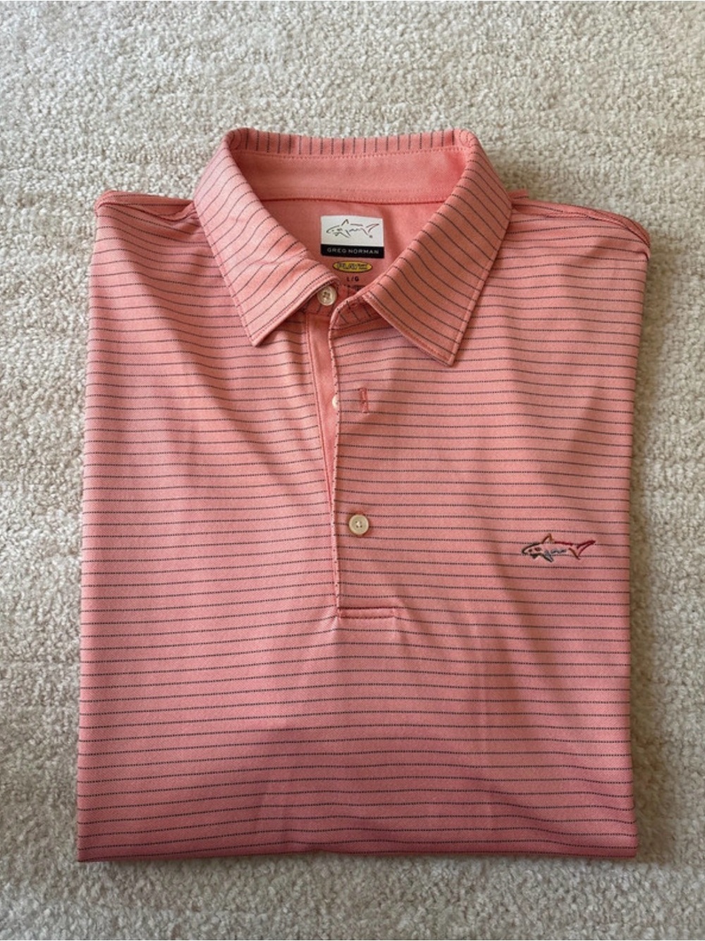 Greg Norman Play Dry Performance Golf Polo Men’s Striped Peach Short Sleeve